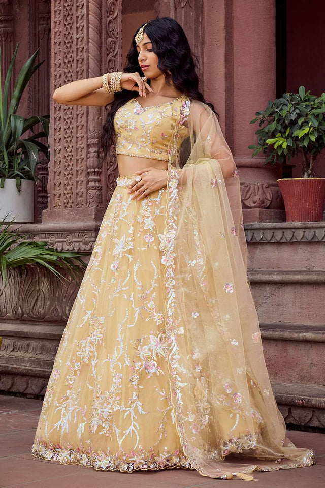 Yellow Sequin with Embroidered Net Lehenga