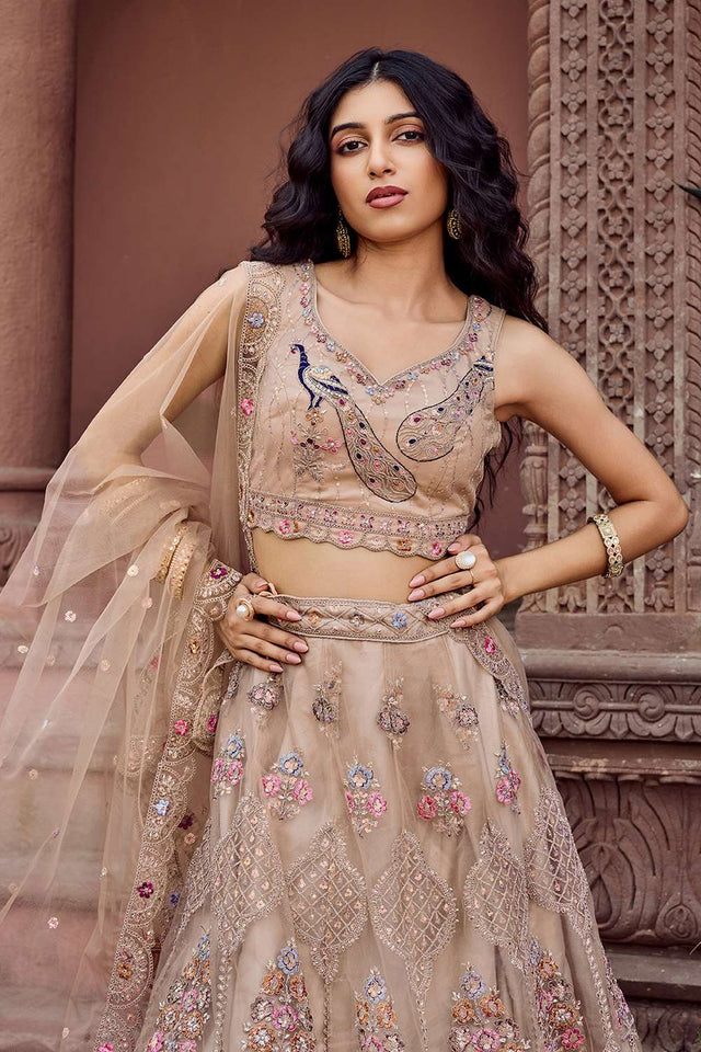 Beige Sequin with Embroidered Net Lehenga (ACA2663)
