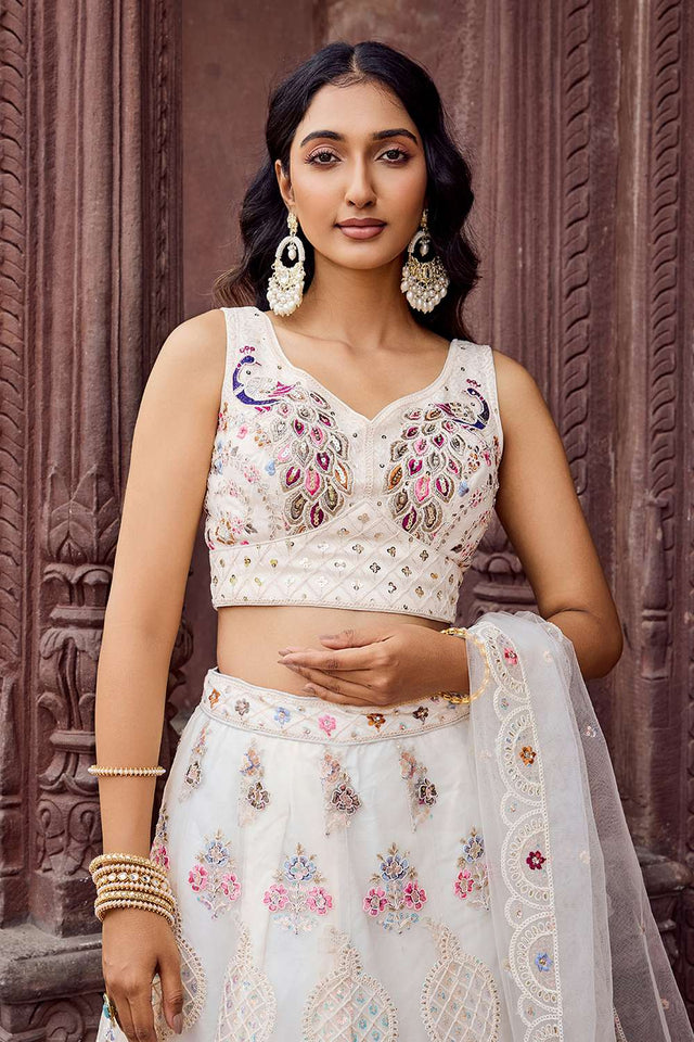 Cream Sequin with Embroidered Net Lehenga
