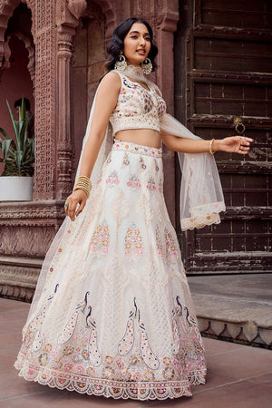 Cream Sequin with Embroidered Net Lehenga