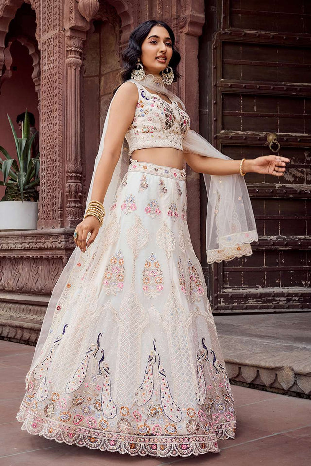 Cream Sequin with Embroidered Net Lehenga