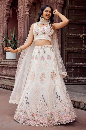 Cream Sequin with Embroidered Net Lehenga