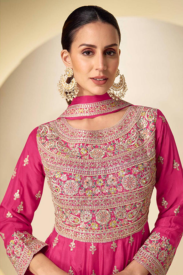 Pink Sequin with Embroidered Chinon  Anarkali Suits