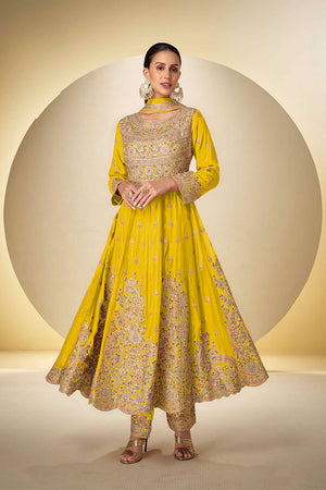 Yellow Sequin with Embroidered Chinon  Anarkali Suits