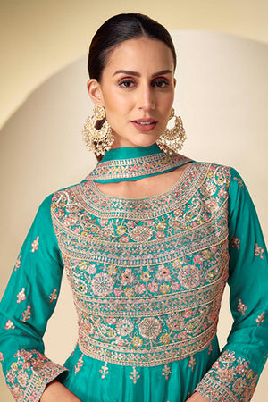 Sea Green Sequin with Embroidered Chinon  Anarkali Suits