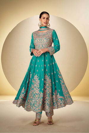 Sea Green Sequin with Embroidered Chinon  Anarkali Suits