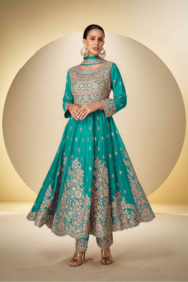 Sea Green Sequin with Embroidered Chinon  Anarkali Suits