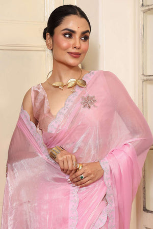 Pink Stone Embossed Organza Saree