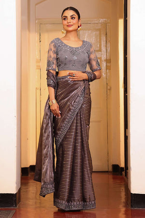 Grey Embellished Tissue Saree