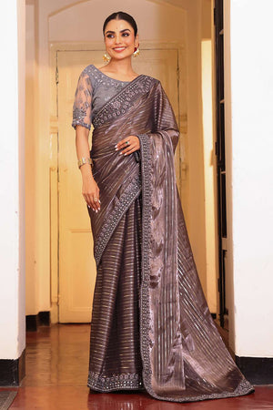 Grey Embellished Tissue Saree