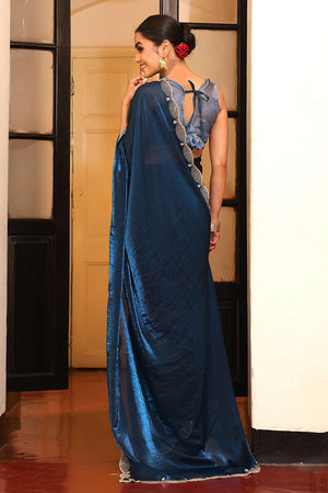 Turquoise Stone Embossed Tissue Saree