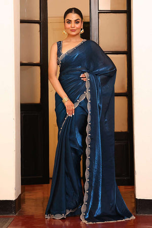 Turquoise Stone Embossed Tissue Saree