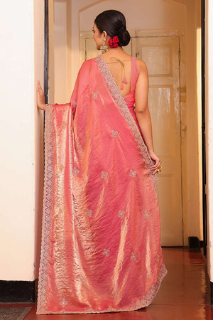 Rust Stone Embossed Tissue Saree