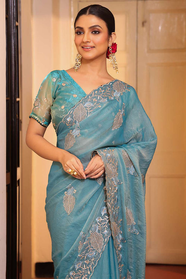 Blue Embroidered Tissue Saree