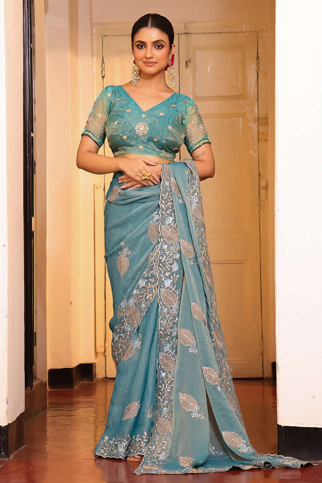 Blue Embroidered Tissue Saree