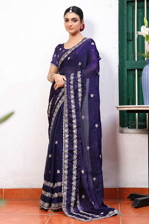 Blue Embroidered Tissue Saree