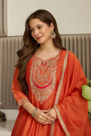 Rust Silk Floral Embroidered Anarkali Suit Set