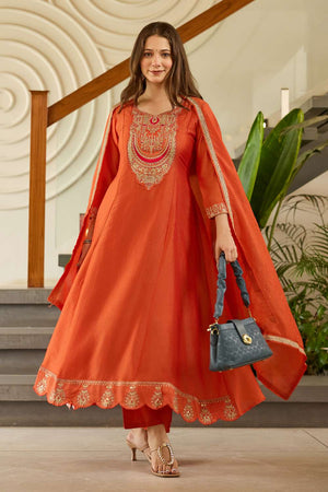Rust Silk Floral Embroidered Anarkali Suit Set