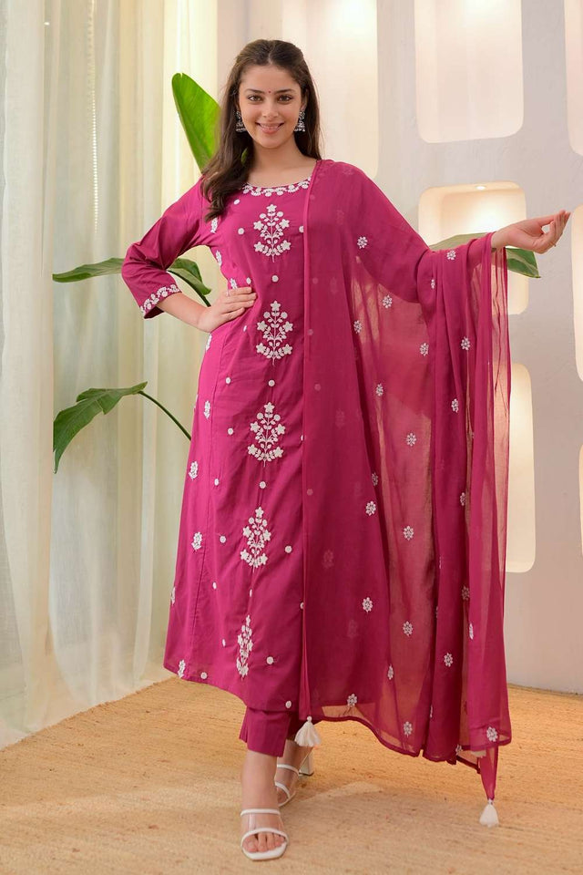 Pink Rayon Floral Embroidered Kurti Pant Set