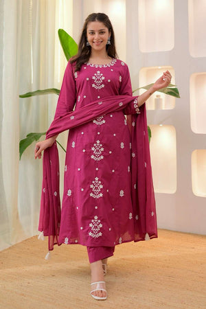 Pink Rayon Floral Embroidered Kurti Pant Set