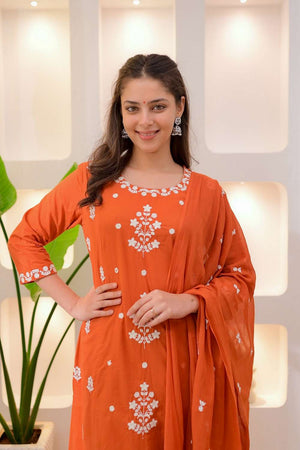 Orange Rayon Floral Embroidered Kurti Pant Set