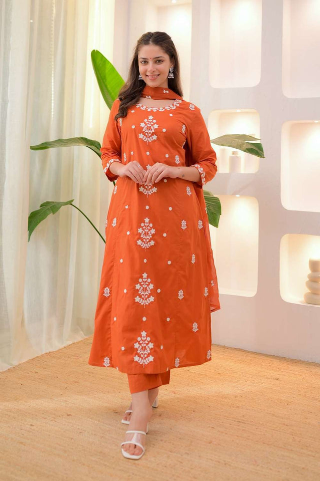 Orange Rayon Floral Embroidered Kurti Pant Set