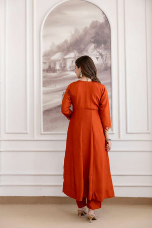 Orange Silk Sequin with Embroidered Anarkali Suit Set