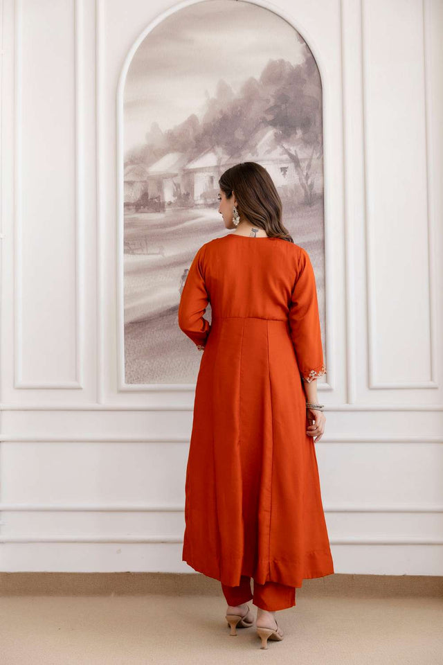 Orange Silk Sequin with Embroidered Anarkali Suit Set