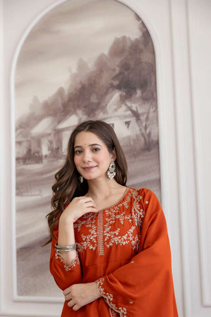 Orange Silk Sequin with Embroidered Anarkali Suit Set