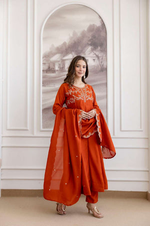 Orange Silk Sequin with Embroidered Anarkali Suit Set
