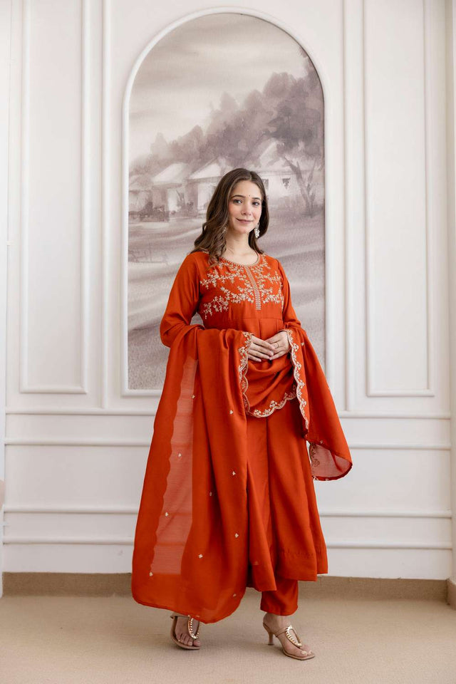 Orange Silk Sequin with Embroidered Anarkali Suit Set