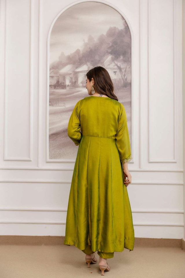 Dark Green Silk Sequin with Embroidered Anarkali Suit Set