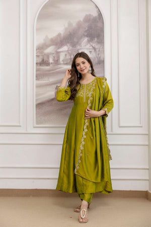 Dark Green Silk Sequin with Embroidered Anarkali Suit Set