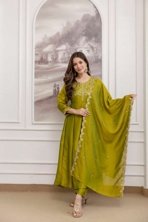 Dark Green Silk Sequin with Embroidered Anarkali Suit Set