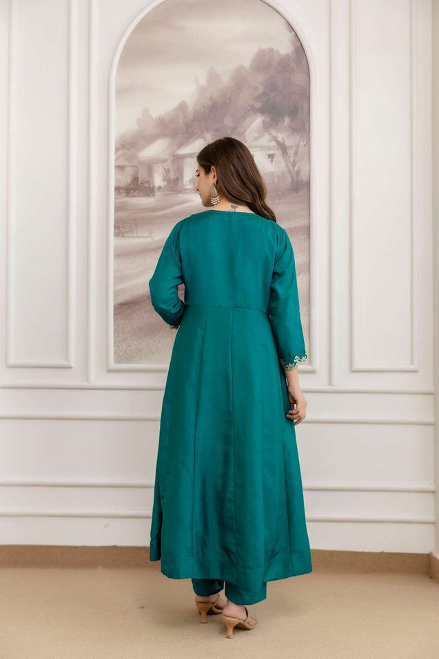 Turquoise Silk Sequin with Embroidered Anarkali Suit Set