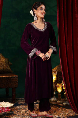 Maroon Velvet Embroidered Kurti Pant Set