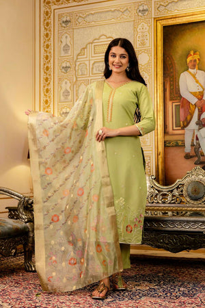 Green Viscose Floral Embroidered Kurti Pant Set