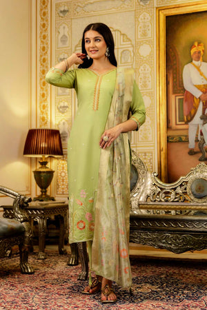 Green Viscose Floral Embroidered Kurti Pant Set