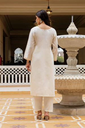 Off White Chanderi Sequin with Embroidered Kurti Pant Set