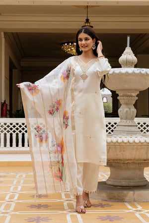 Off White Chanderi Sequin with Embroidered Kurti Pant Set