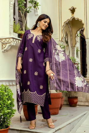 Wine Chanderi Floral Embroidered Kurti Pant Set