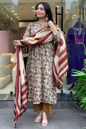 Cream Cotton Floral Embroidered Kurti Pant Set