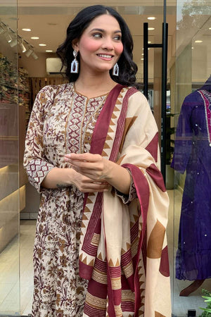 Cream Cotton Floral Embroidered Kurti Pant Set