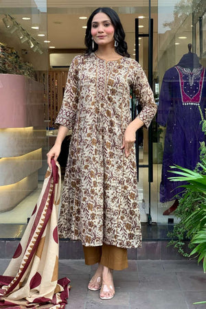 Cream Cotton Floral Embroidered Kurti Pant Set