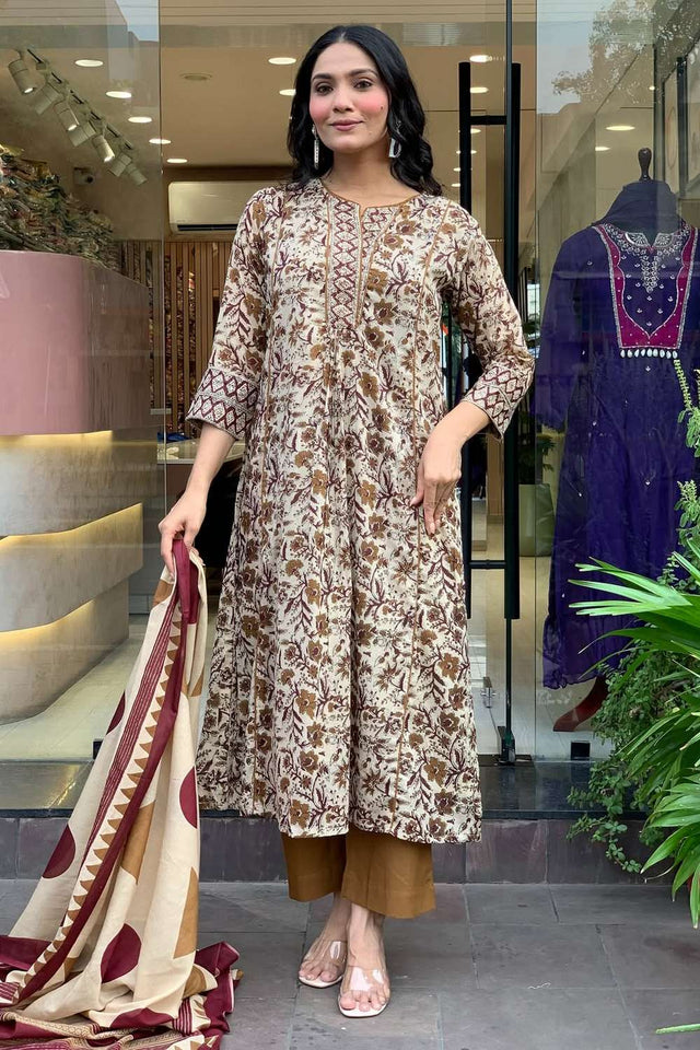 Cream Cotton Floral Embroidered Kurti Pant Set