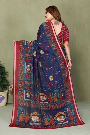 Turquoise Kalamkari Printed Cotton Saree