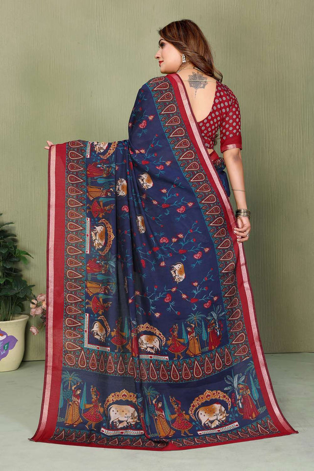 Turquoise Kalamkari Printed Cotton Saree