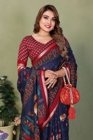 Turquoise Kalamkari Printed Cotton Saree