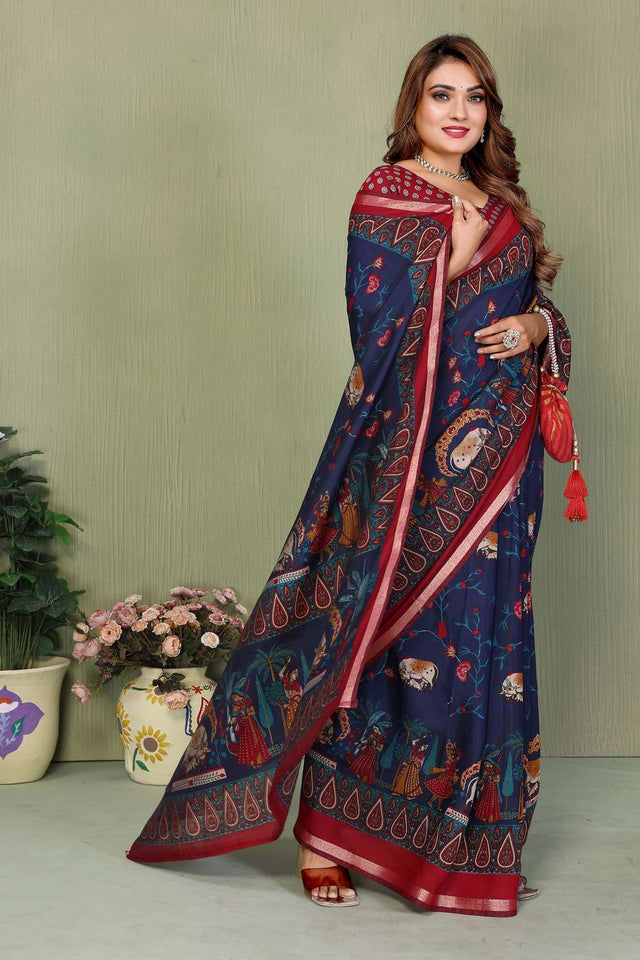 Turquoise Kalamkari Printed Cotton Saree