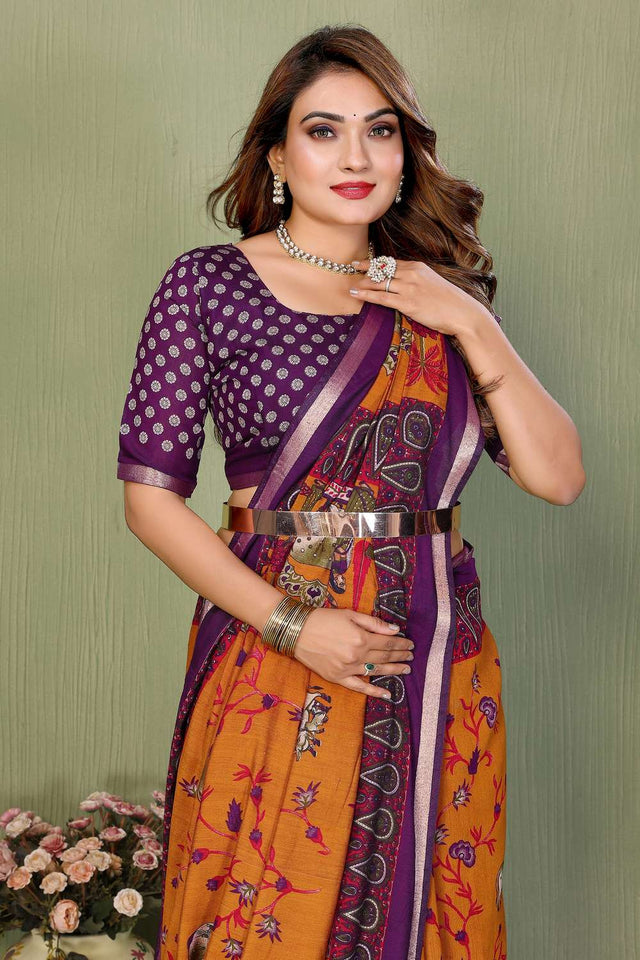 Mustard Kalamkari Printed Cotton Saree